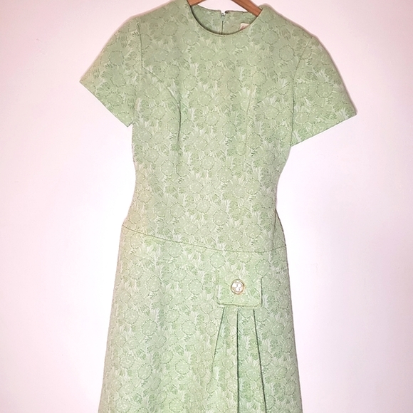 Mossy Mod Light Green Brocade Short-Sleeve Mini Dress with Pleats & Pocket - Picture 3 of 14